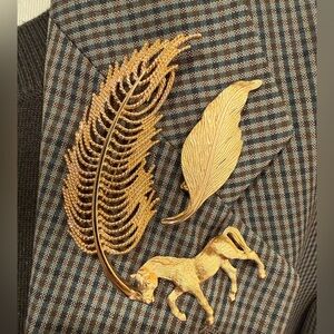 Large Monet Gold leaf brooch, napier & no name. 3 brooch bundle